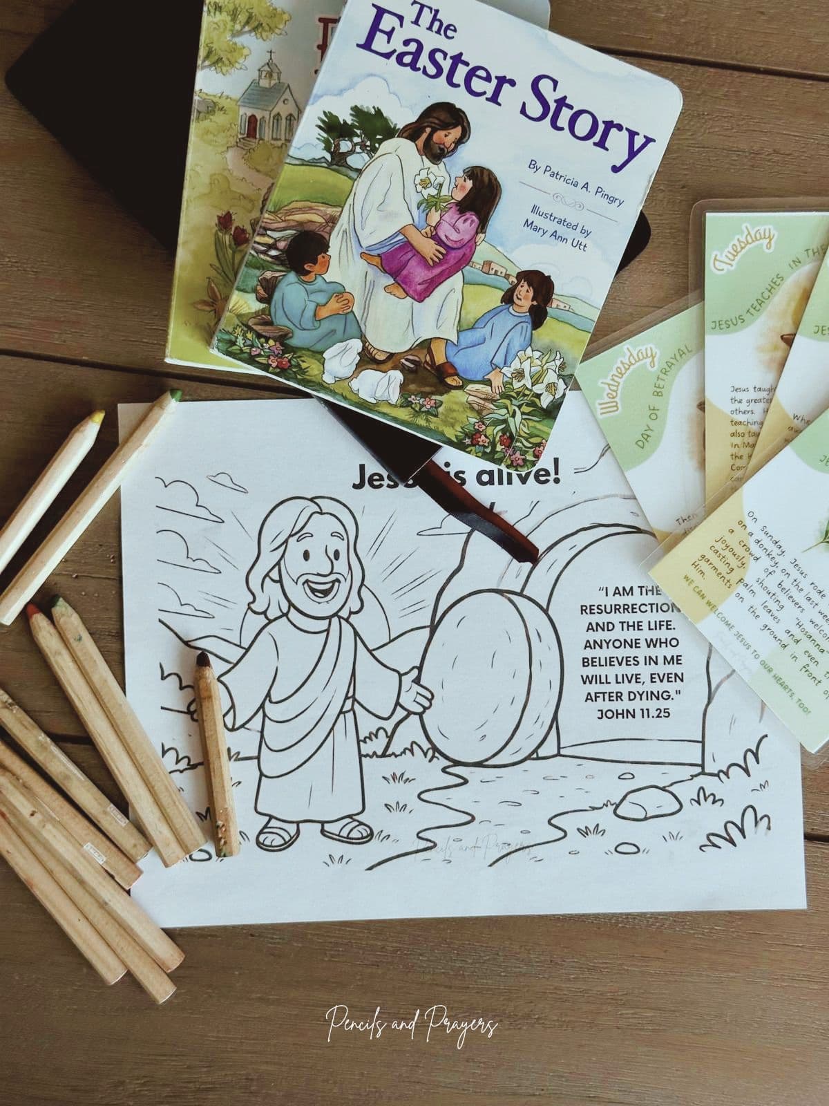Holy Week materials with Easter storybook and coloring page